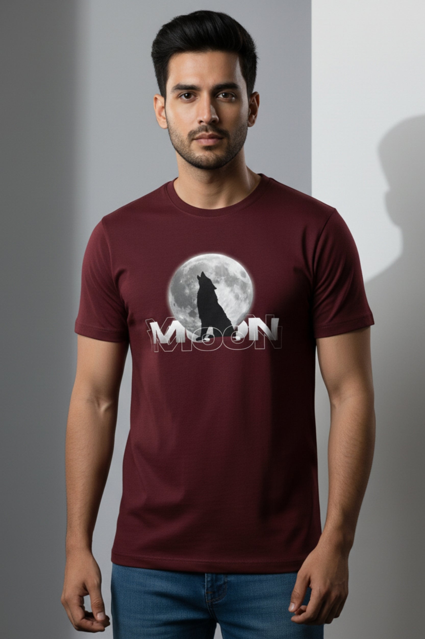 MOON Round Neck - Maroon colour Regual T shirt