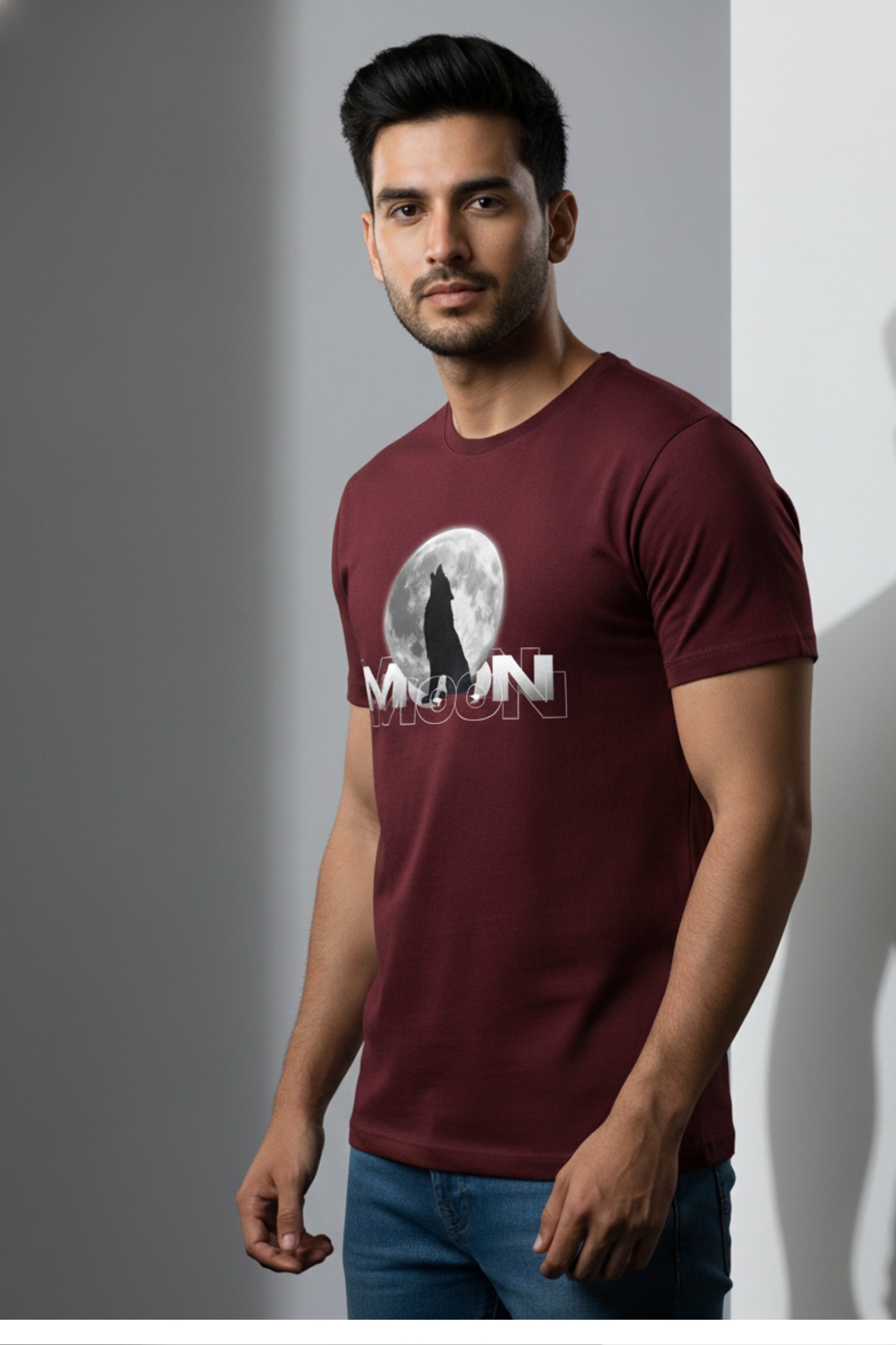 MOON Round Neck - Maroon colour Regual T shirt